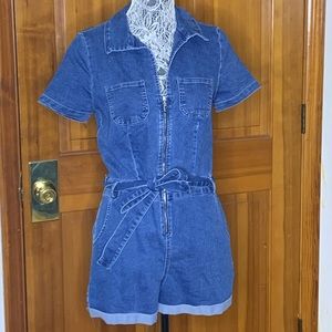 Denim belted romper